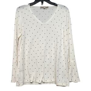 LOFT Cream Polka Dot V Neck Lightweight Bell Cuffed Sweater Size L